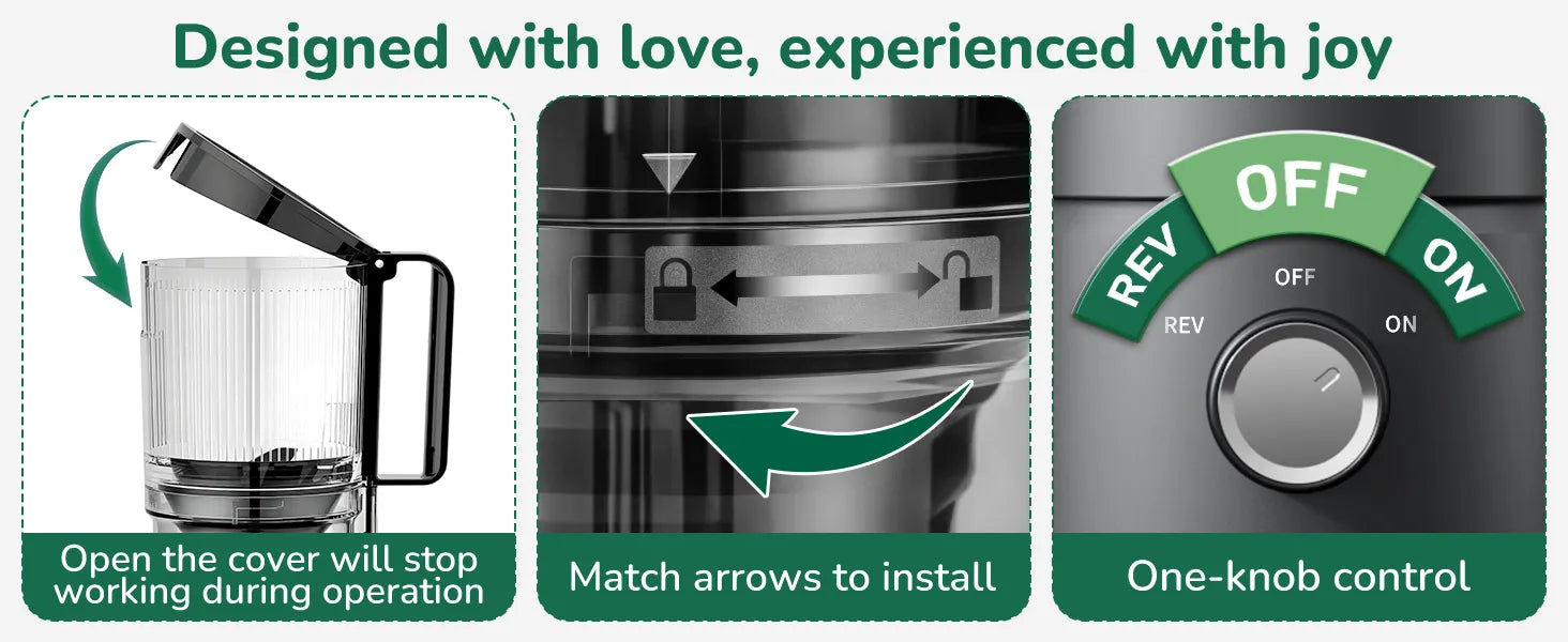 Canoly C03 cold press juicer design features, close-up showing safety lock, installation arrows, and one-knob operation