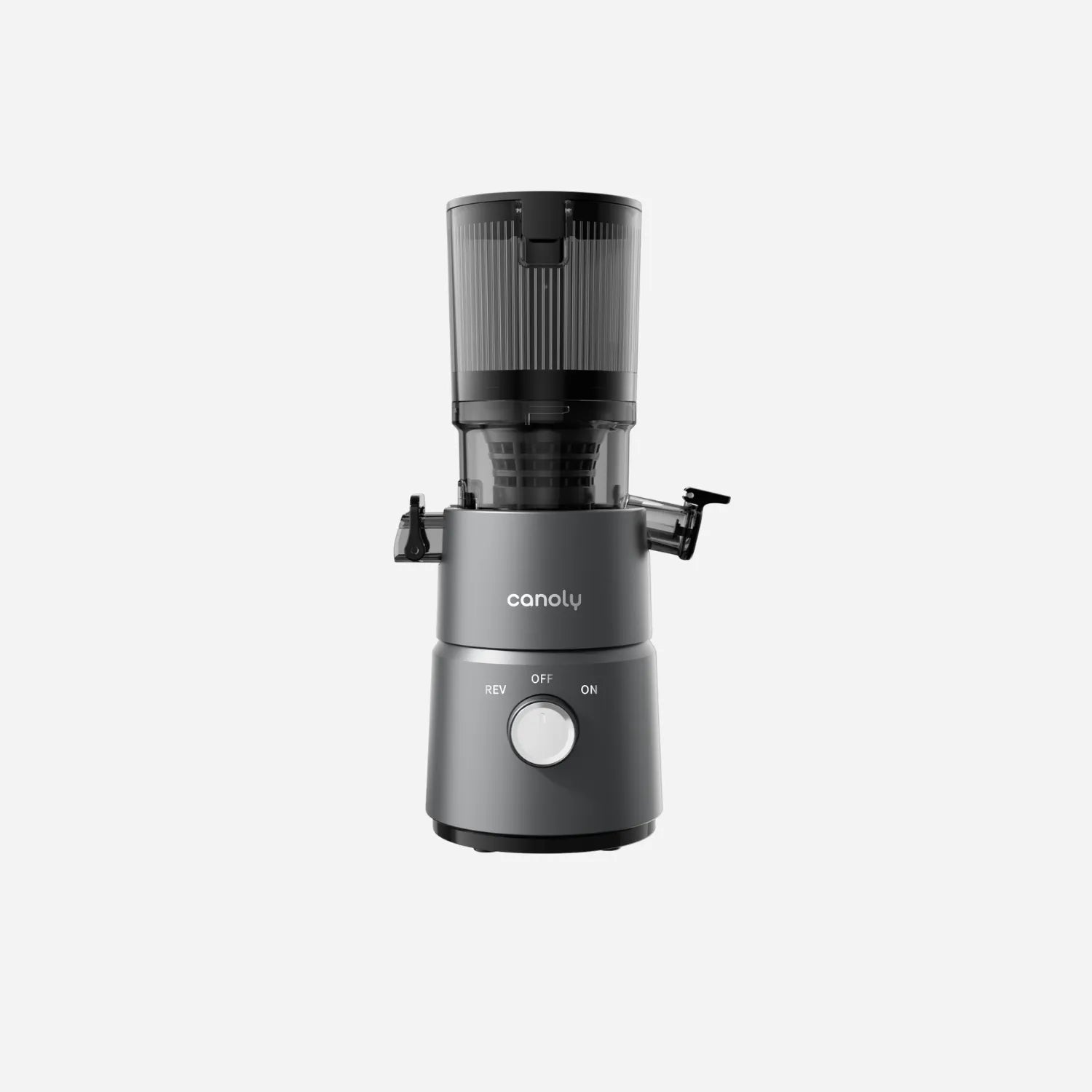 Canoly C03 compact slow juicer for sale, 2 in 1 cold press juicer for juice and nut milk, front view, grey