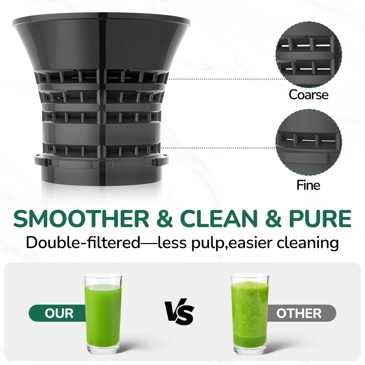 Cold press juicer filter close-up, high-efficiency juicer filter for maximum juice extraction