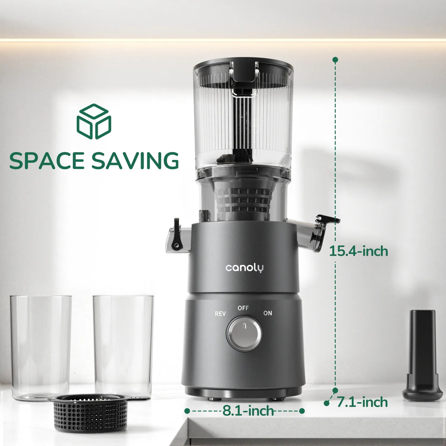 Compact juicer Canoly small cold press juicer-c03, size diagram showing height, width, and depth
