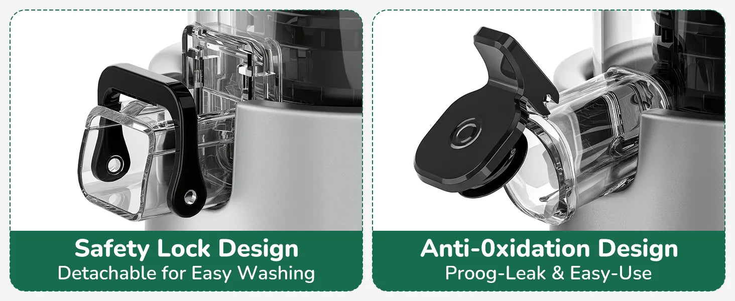 Canoly C03 cold press juicer design details close up: parts for easy cleaning, anti-oxidation, and leak-proof