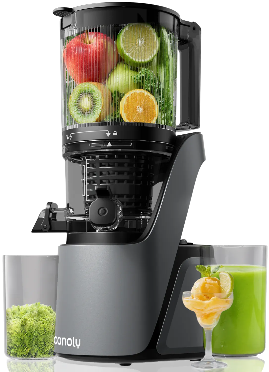 Canoly C16 juicer in operation, fresh juice pouring into the cup from the spout