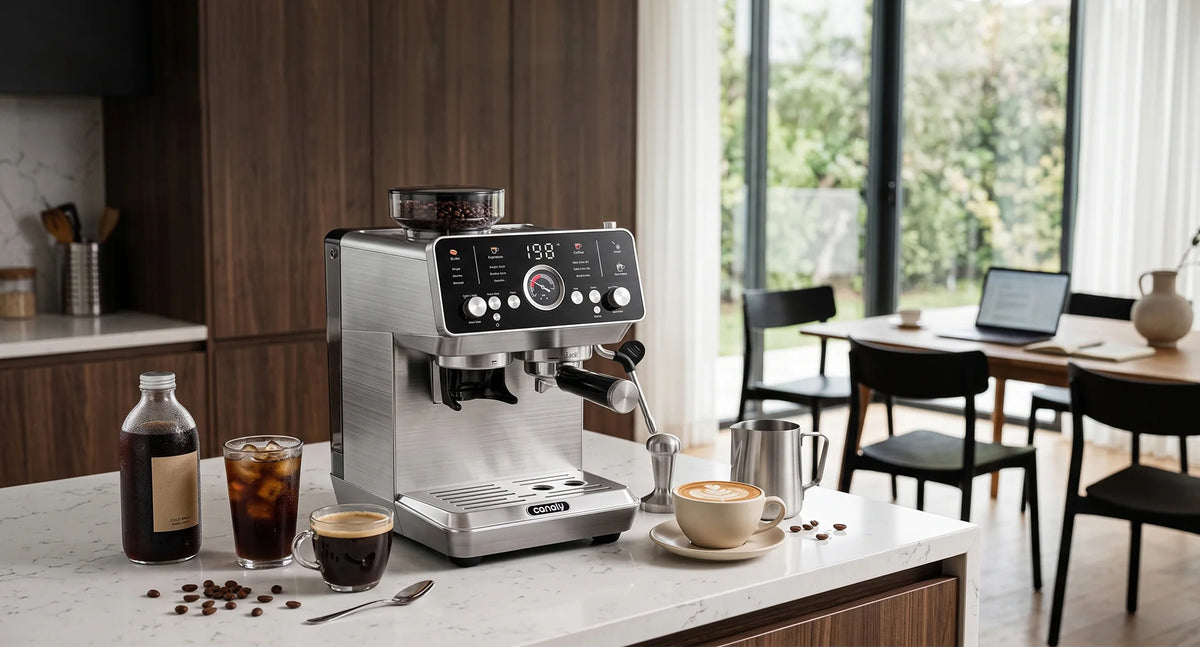 CM1623B espresso machine with integrated grinder on a sunlit kitchen counter