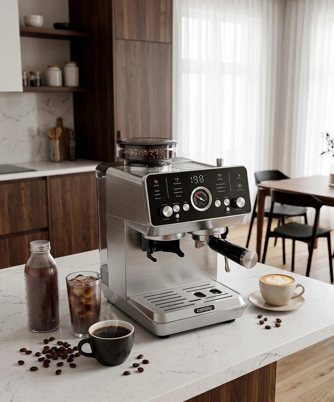 CM1623B espresso machine with integrated grinder on a sunlit kitchen counter