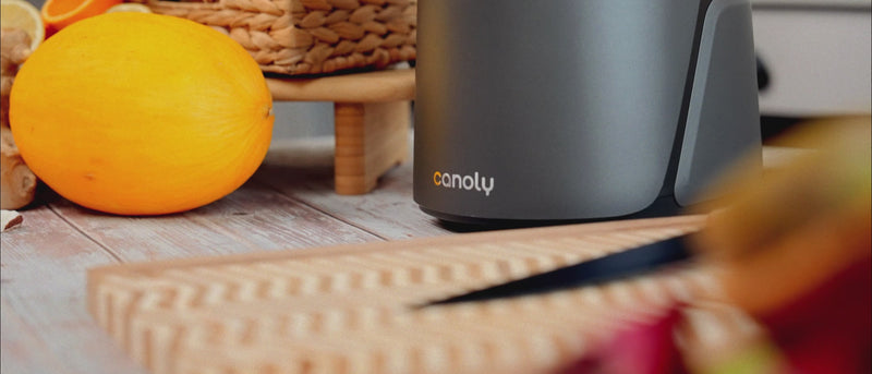 juicing process from fresh fruit prep to clear juice, creamy nut milk, and smooth sorbet with Canoly juicer